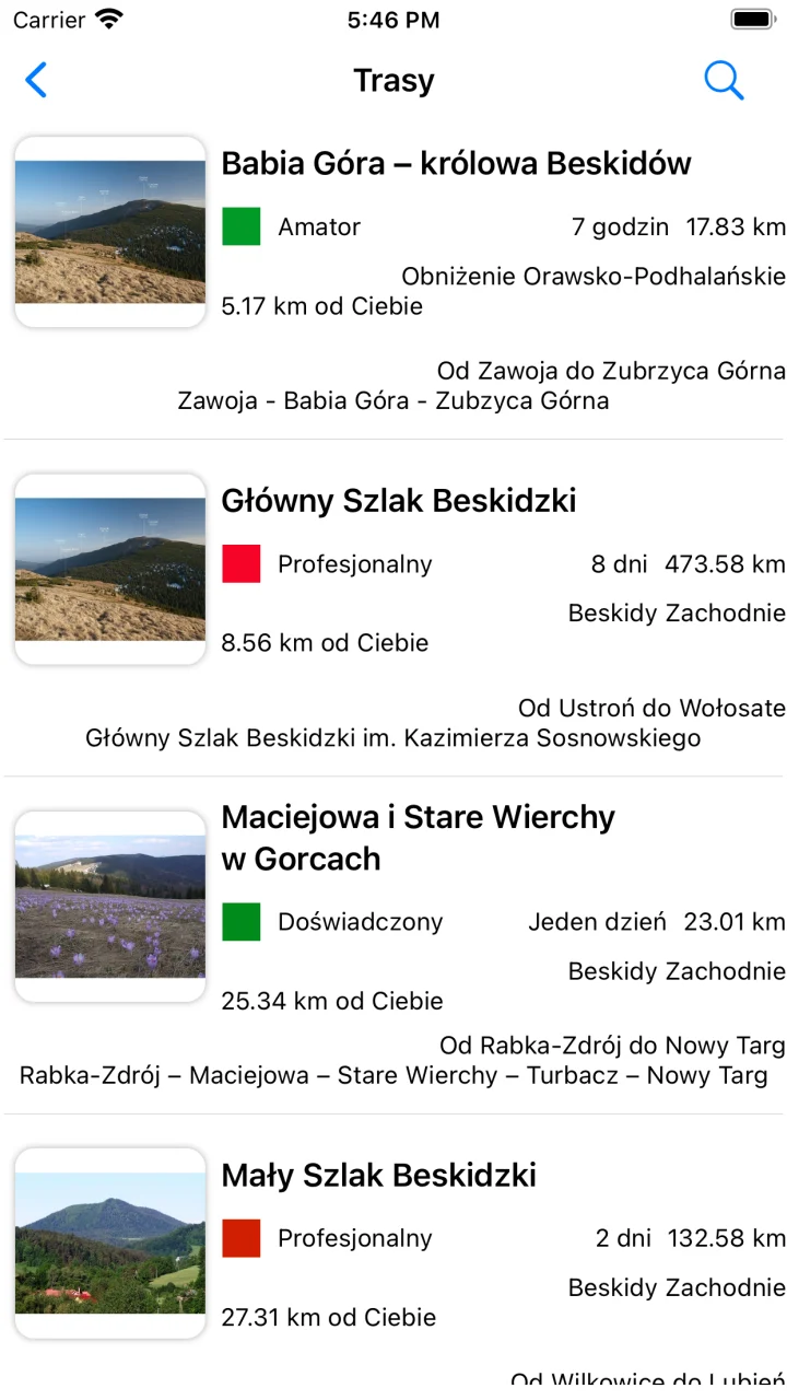 Polski ekran aplikacji z listą tras, ich długością i czasem przejścia