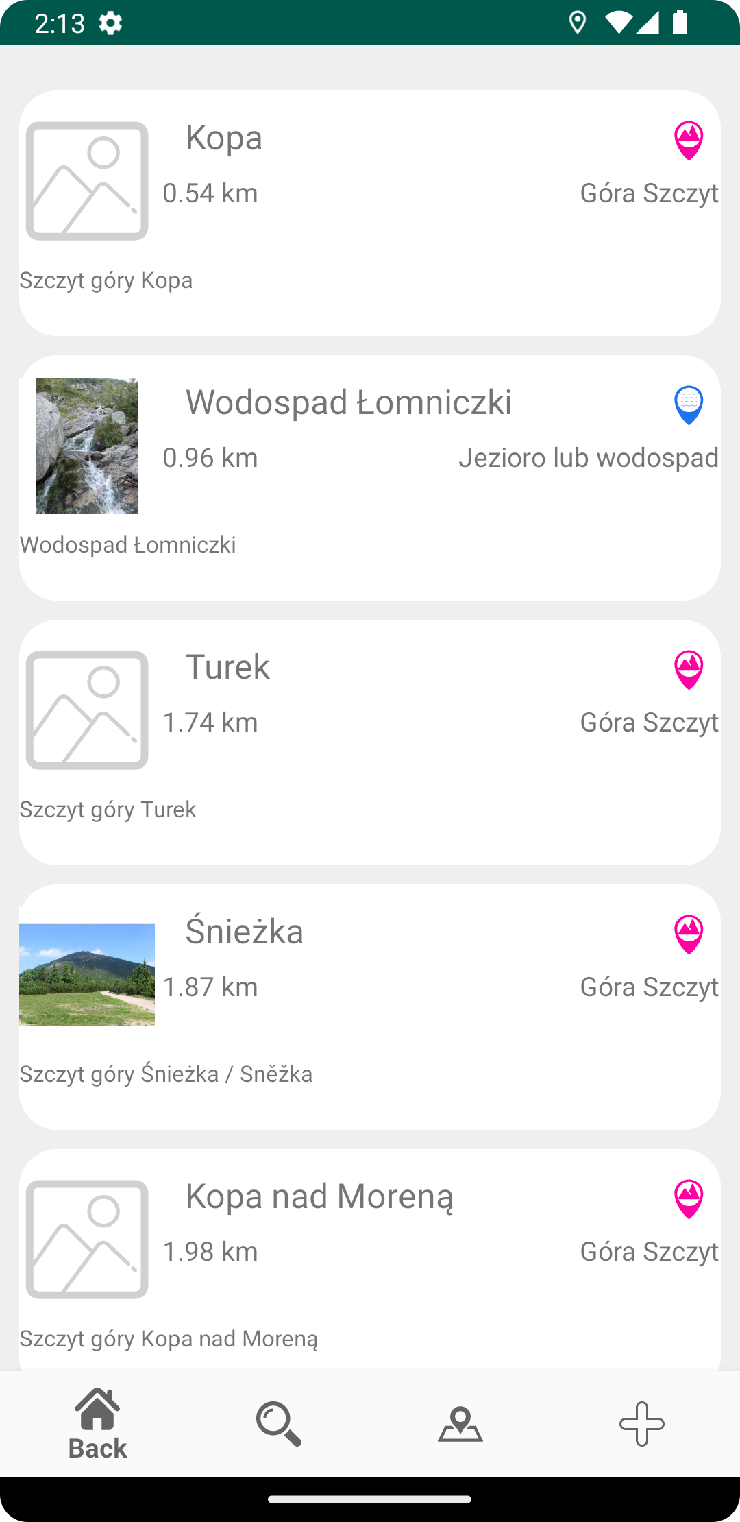 Źródła, schroniska i inne miejsca na mapie