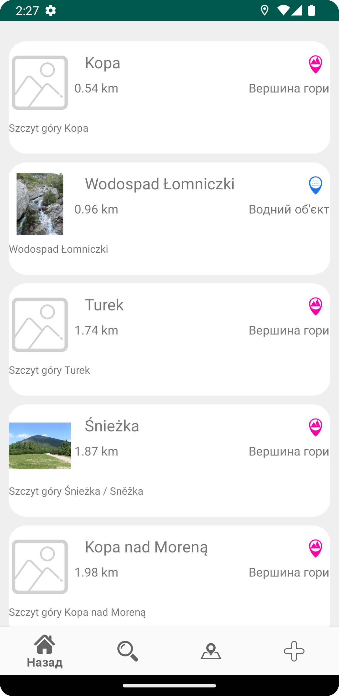 Джерела, колиби та інші місця на карті