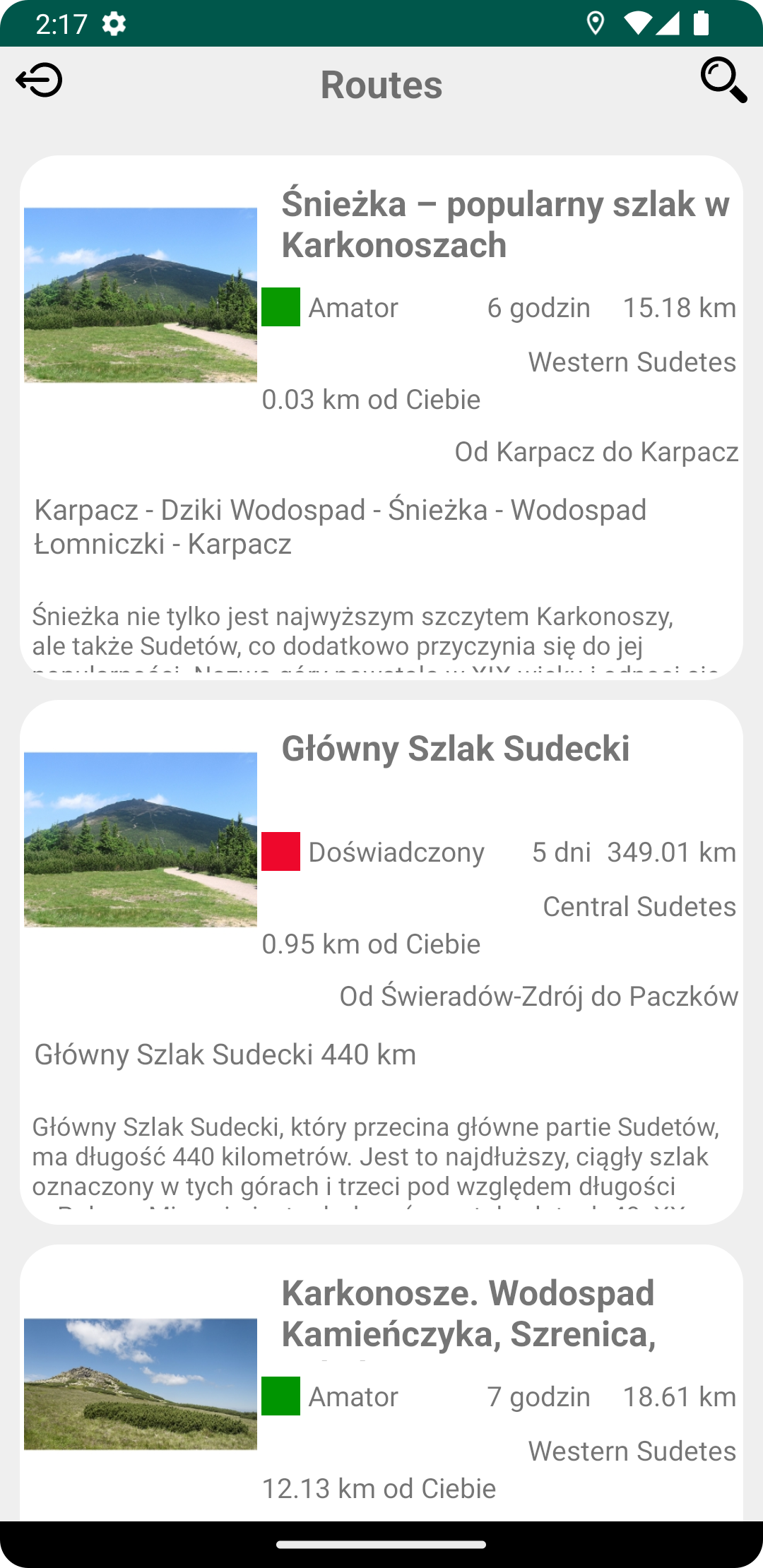 Catalogue of hiking routes